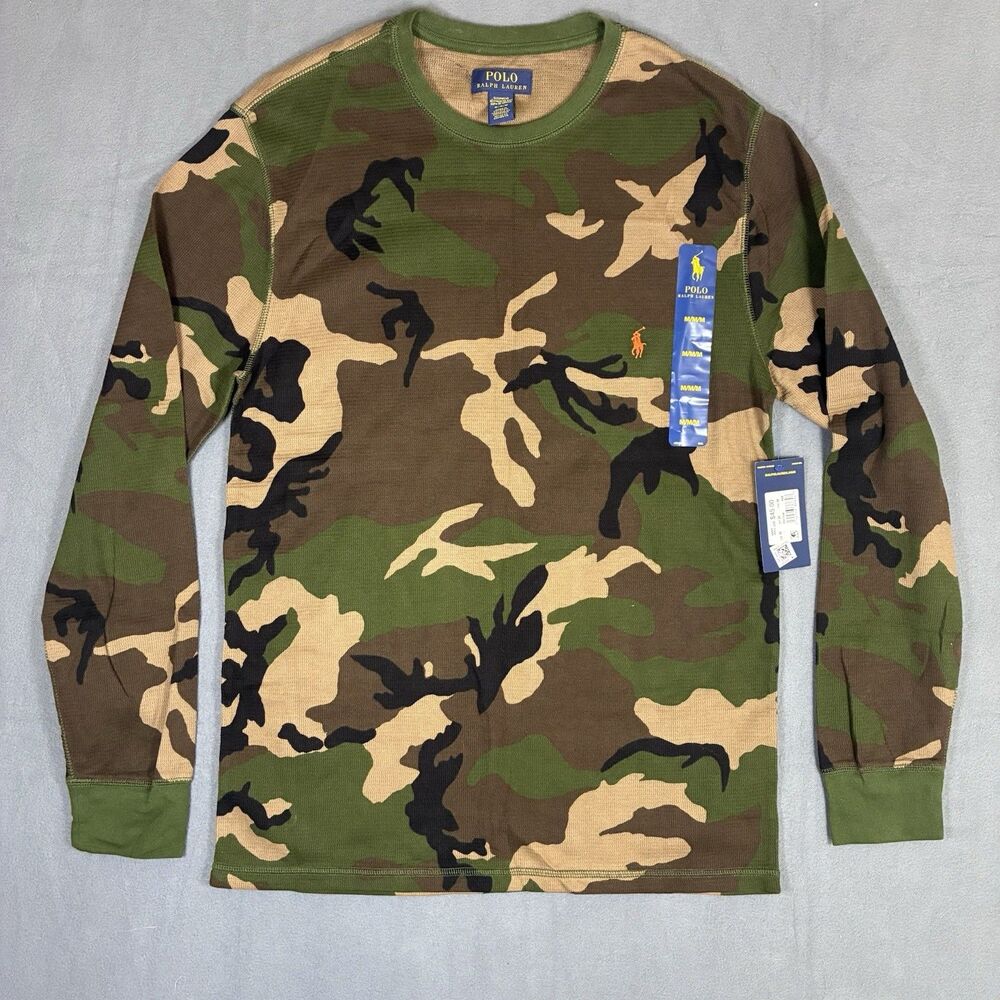 POLO Ralph Lauren Waffle Knit Shirt Medium Camo Green Long Sleeve Top Thermal